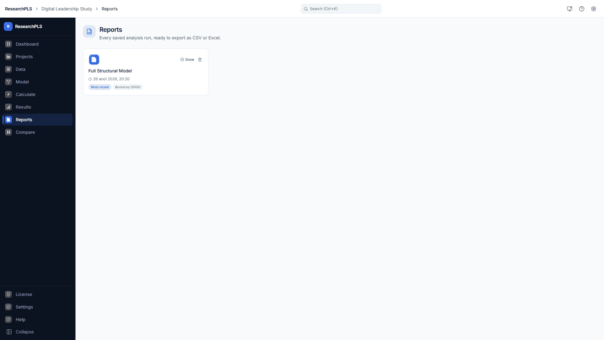 ResearchPLS — ResearchPLS — Reports screen